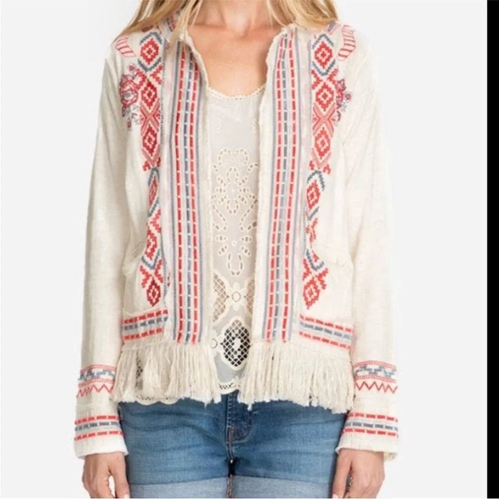 JOHNNY WAS Yatzil Embroidered Fringe Jacket in Vanilla Size L - Picture 3 of 14